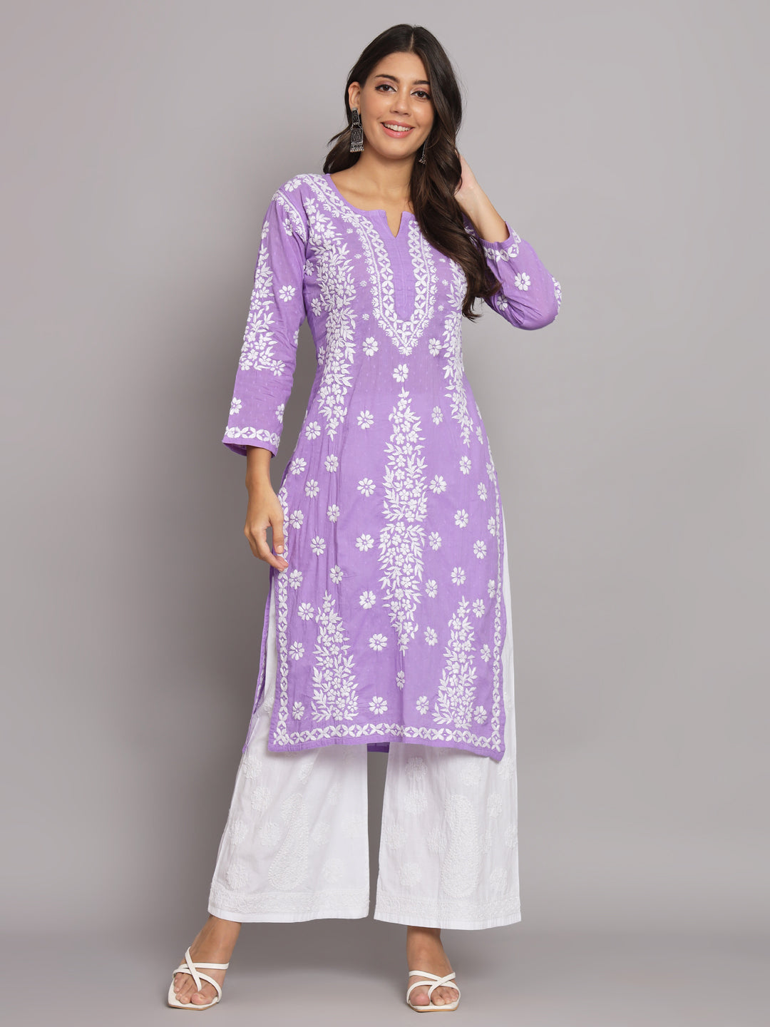 Women Hand Embroidered Chikankari Cotton Straight Kurta-AL3679 Mauve