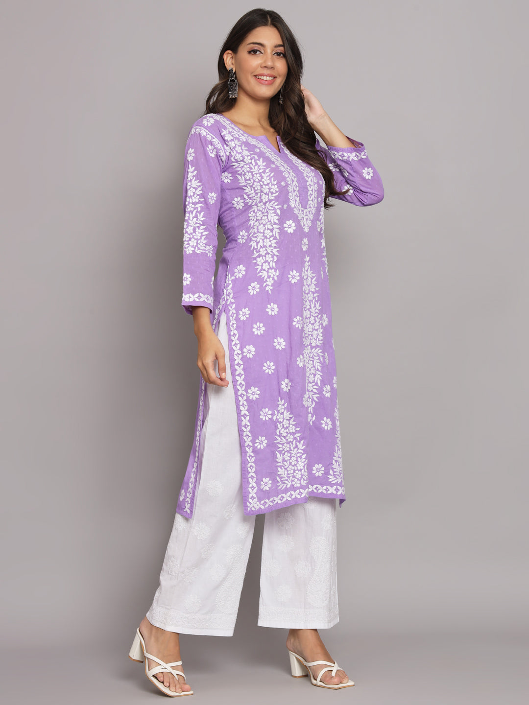 Women Hand Embroidered Chikankari Cotton Straight Kurta-AL3679 Mauve