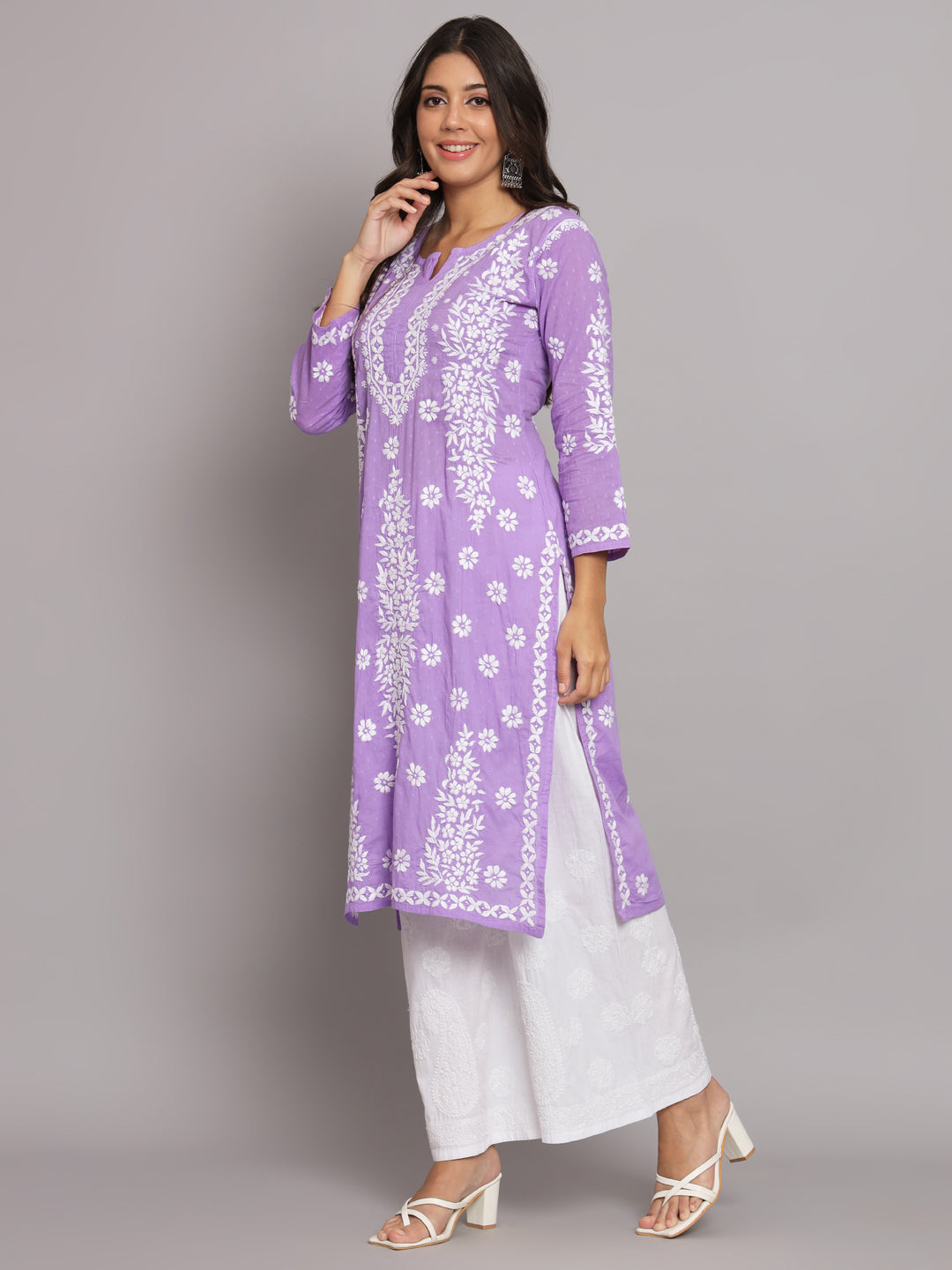 Women Hand Embroidered Chikankari Cotton Straight Kurta-AL3679 Mauve