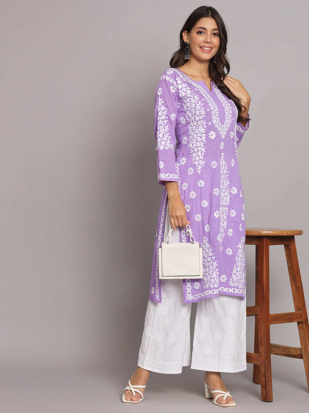 Women Hand Embroidered Chikankari Cotton Straight Kurta-AL3679 Mauve