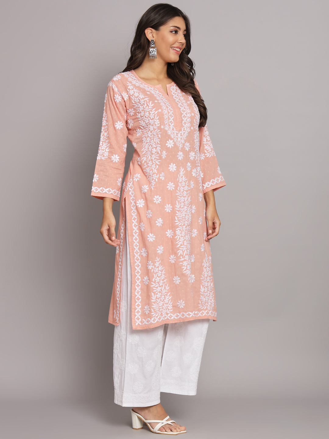 Women Hand Embroidered Chikankari Cotton Straight Kurta-AL3679 Rust