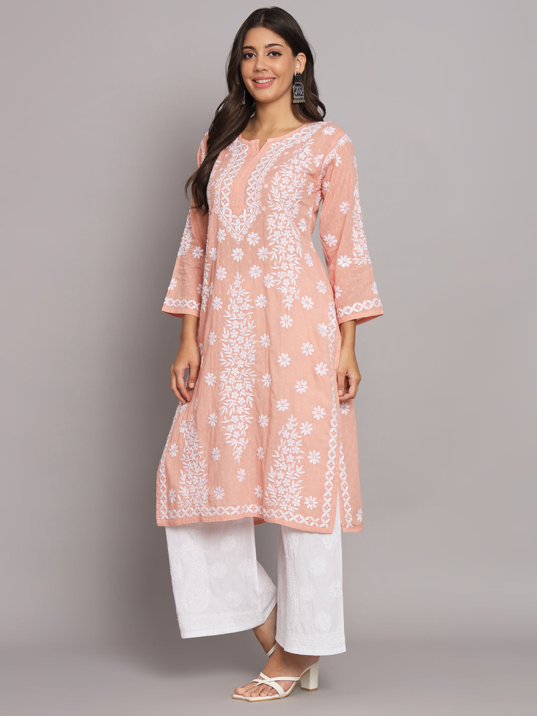 Women Hand Embroidered Chikankari Cotton Straight Kurta-AL3679 Rust