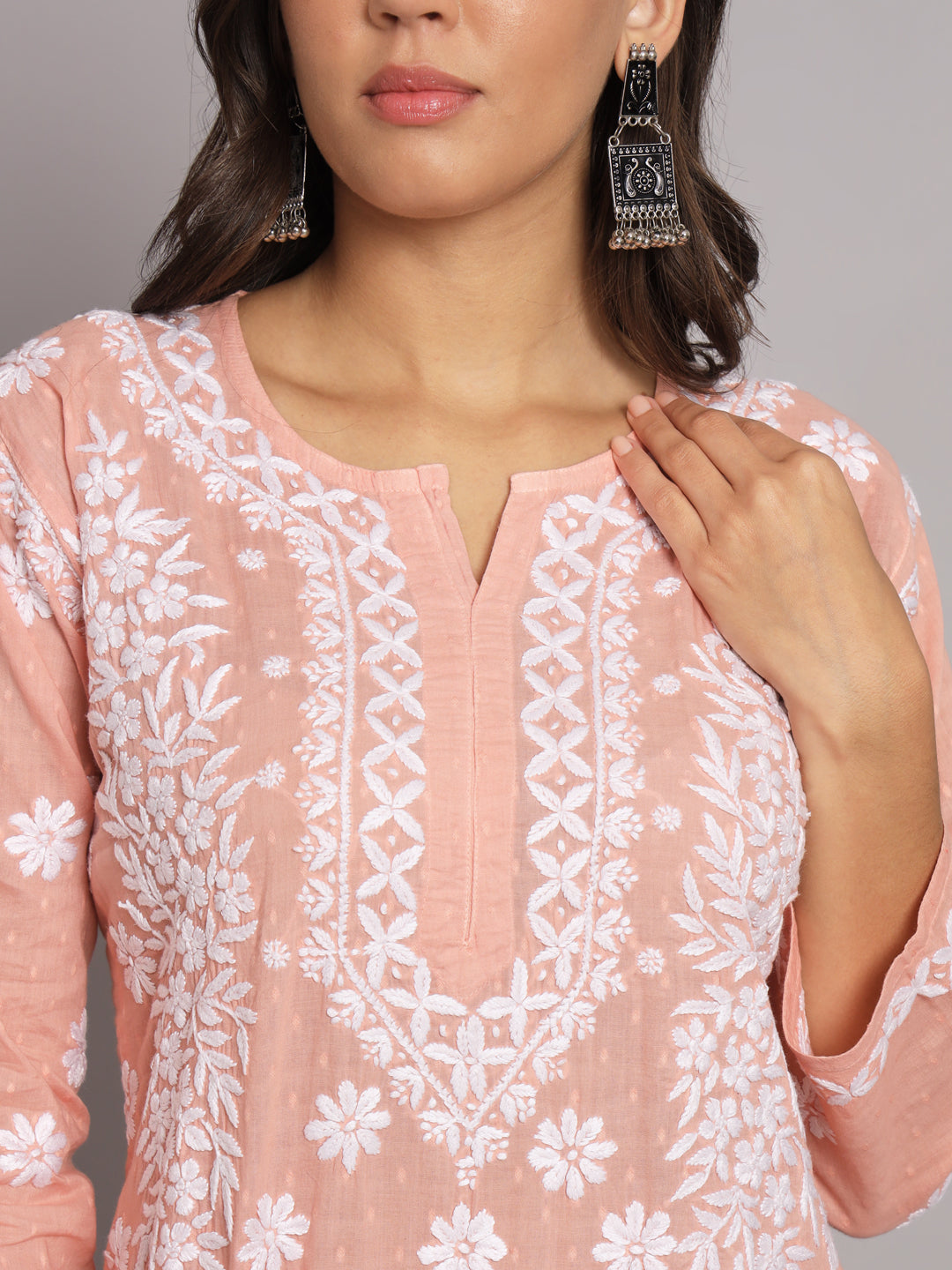 Women Hand Embroidered Chikankari Cotton Straight Kurta-AL3679 Rust