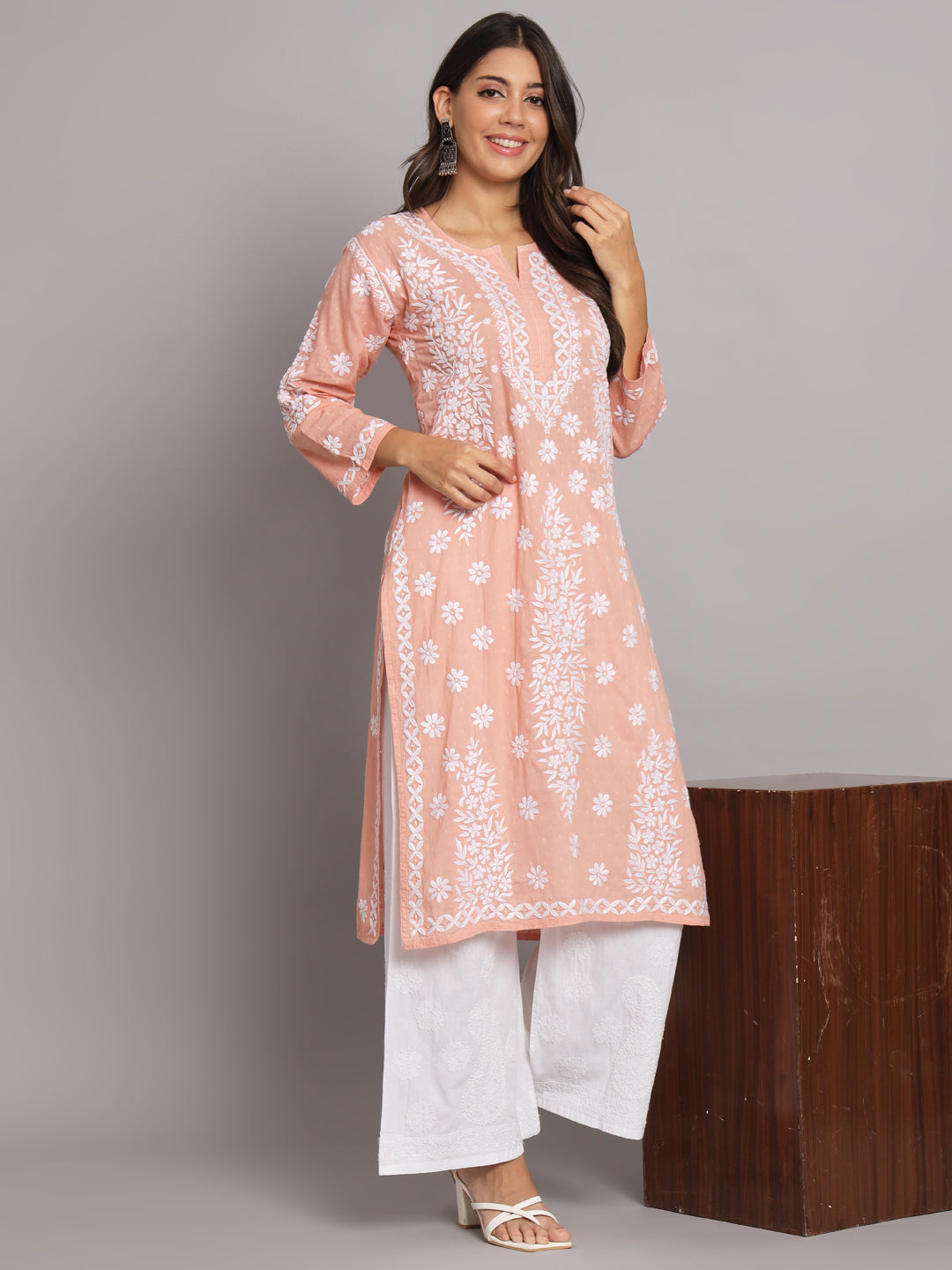 Women Hand Embroidered Chikankari Cotton Straight Kurta-AL3679 Rust