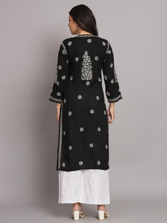 Women Hand Embroidered Chikankari Cotton Straight Kurta-AL3679 Black