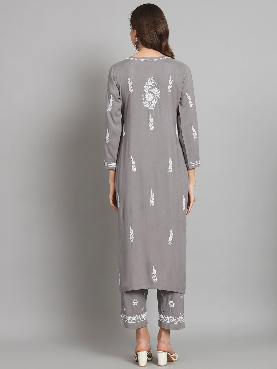 Women Hand Embroidered Chikankari Rayon Kurta set-AL3451KS Grey