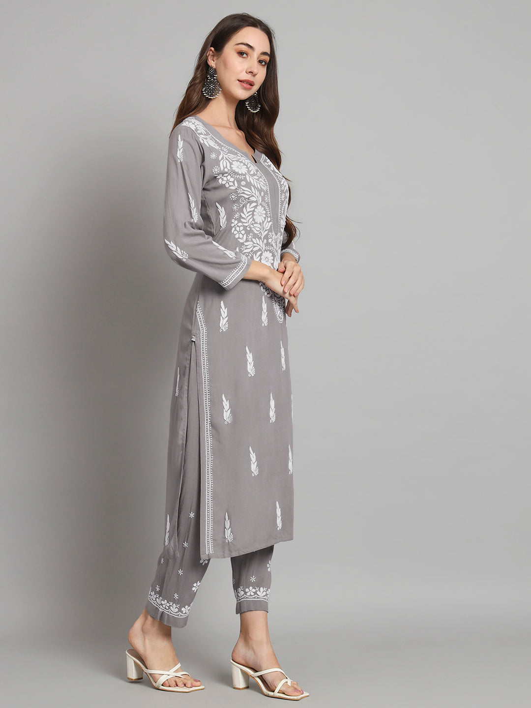 Women Hand Embroidered Chikankari Rayon Kurta set-AL3451KS Grey