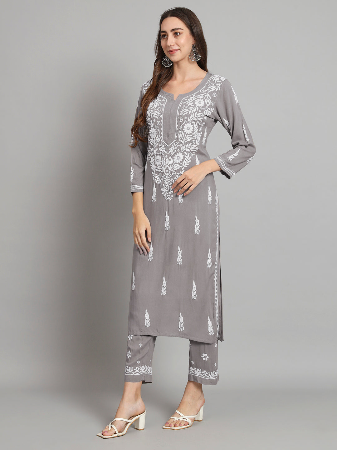 Women Hand Embroidered Chikankari Rayon Kurta set-AL3451KS Grey