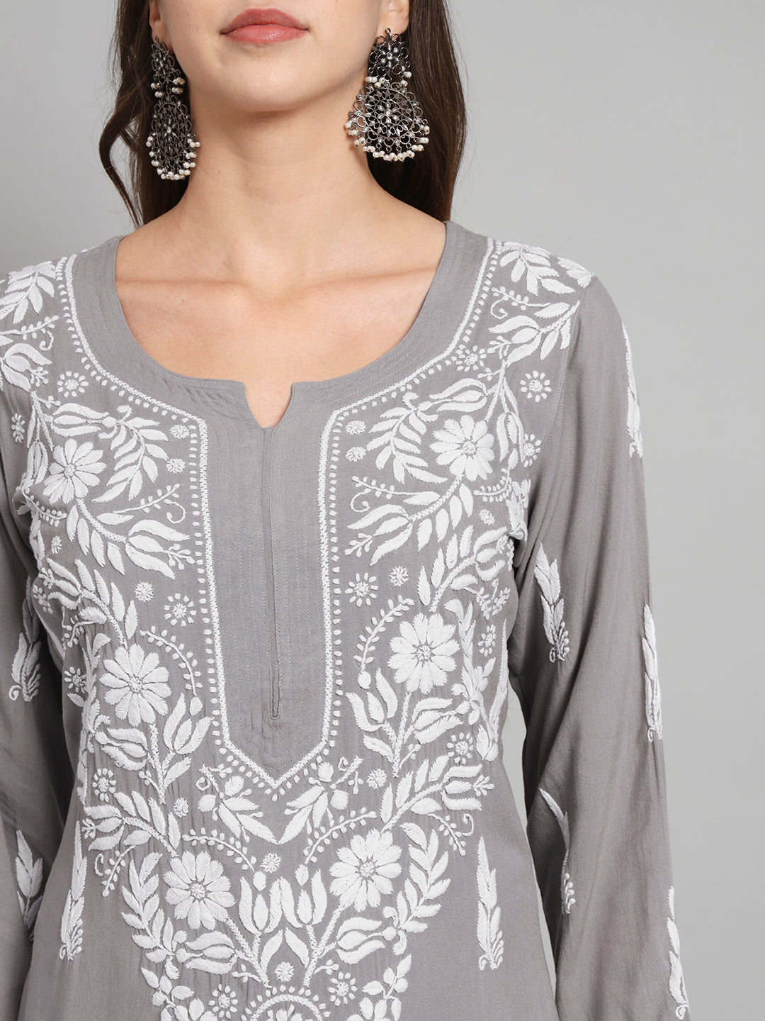 Women Hand Embroidered Chikankari Rayon Kurta set-AL3451KS Grey