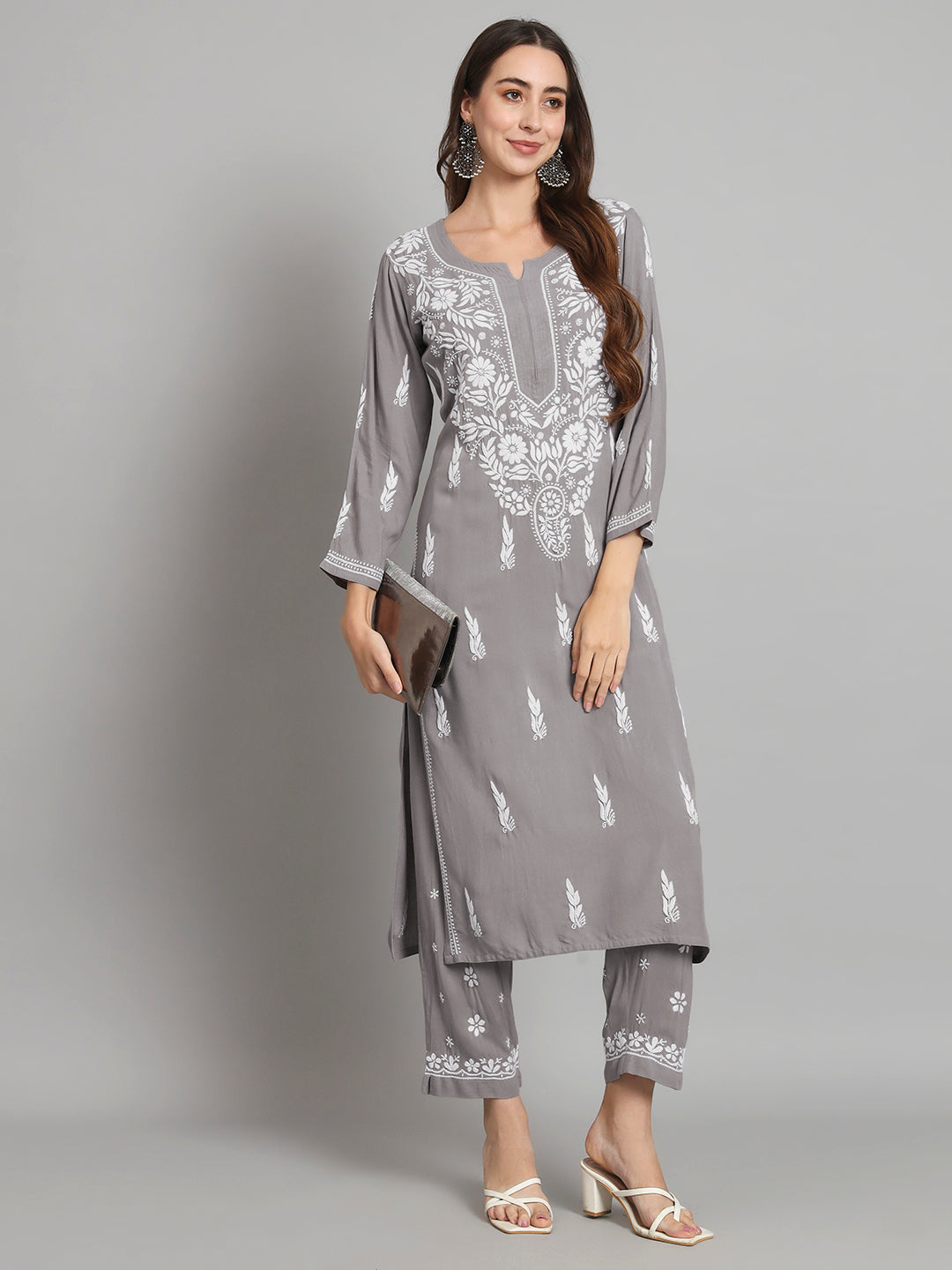 Women Hand Embroidered Chikankari Rayon Kurta set-AL3451KS Grey