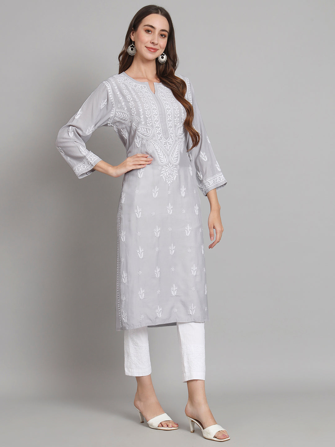Women Hand Embroidered Chikankari Modal Kurta-AL3584 Grey