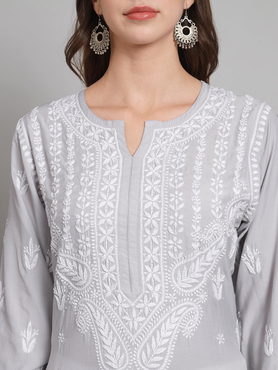 Women Hand Embroidered Chikankari Modal Kurta-AL3584 Grey