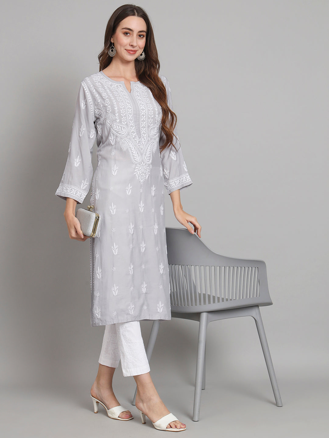 Women Hand Embroidered Chikankari Modal Kurta-AL3584 Grey
