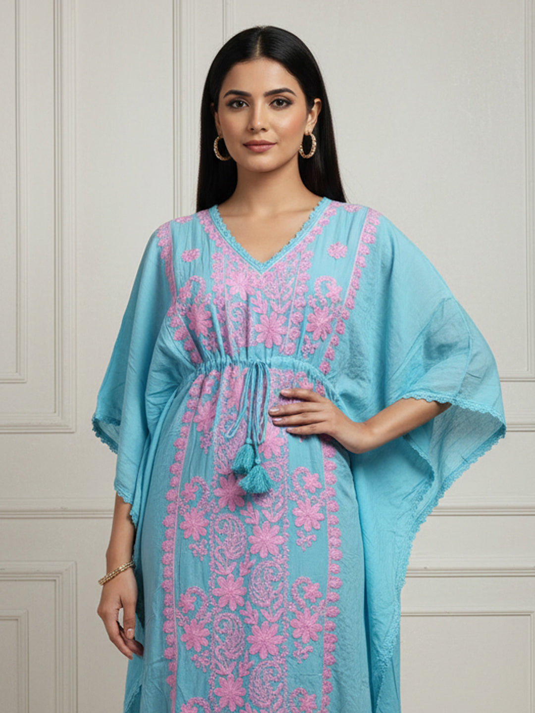 Hand Embroidered Chikankari Rayon Kaftan-AL3475 Pink