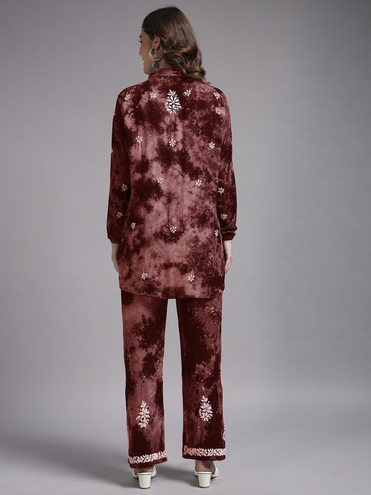 Women Hand Embroidered Chikankari Rayon Co-ord Set-AL4093KS Brown