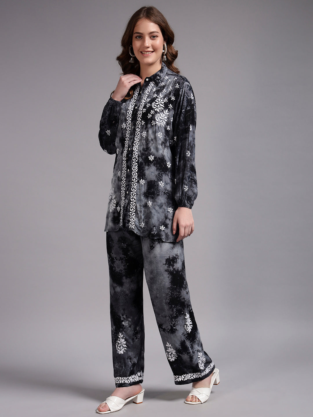 Women Hand Embroidered Chikankari Rayon Co-ord Set-AL4093KS Grey