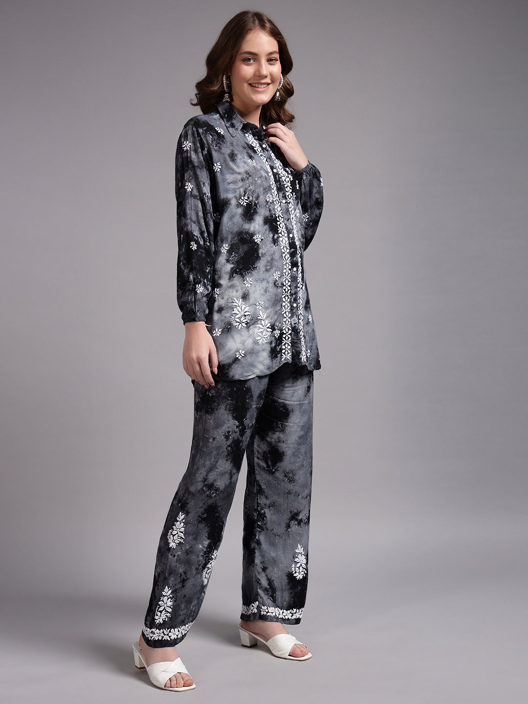 Women Hand Embroidered Chikankari Rayon Co-ord Set-AL4093KS Grey