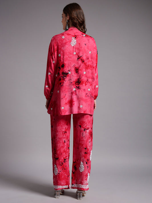Women Hand Embroidered Chikankari Rayon Co-ord Set-AL4093KS Pink