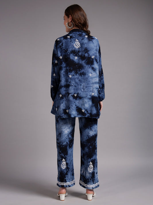 Women Hand Embroidered Chikankari Rayon Co-ord Set-AL4093KS Navy