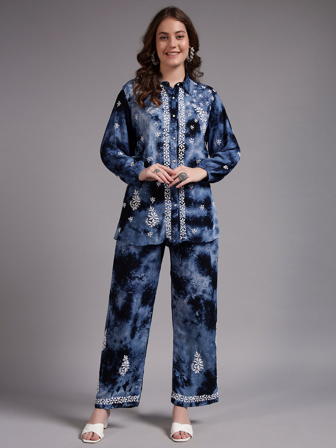 Women Hand Embroidered Chikankari Rayon Co-ord Set-AL4093KS Navy
