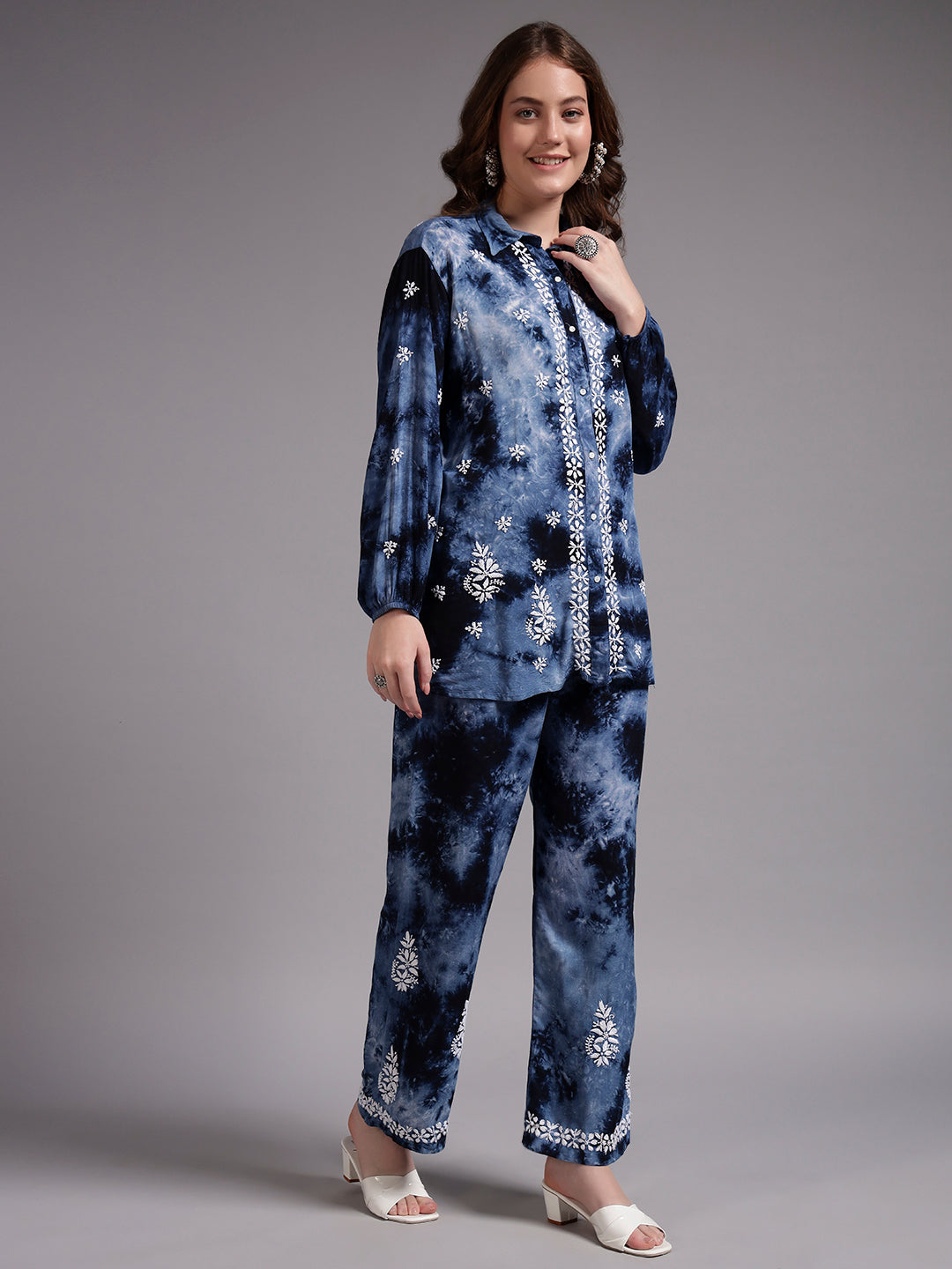 Women Hand Embroidered Chikankari Rayon Co-ord Set-AL4093KS Navy