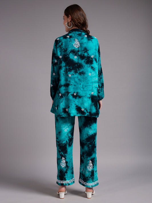 Women Hand Embroidered Chikankari Rayon Co-ord Set-AL4093KS Rama Green