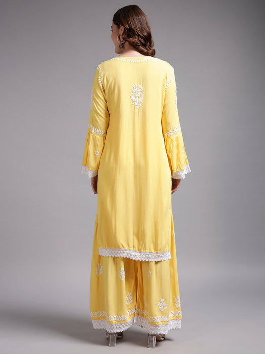 Women Hand Embroidered Lucknowi Chikankari Rayon Kurta Set-AL4077KS Yellow