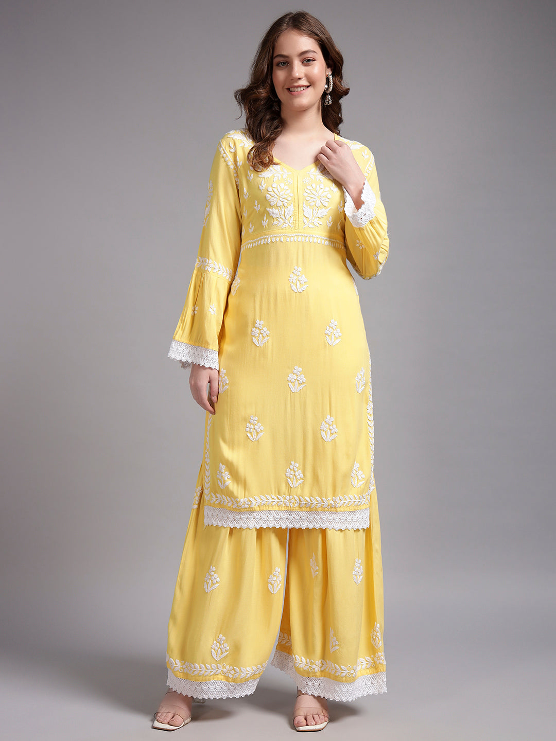 Women Hand Embroidered Lucknowi Chikankari Rayon Kurta Set-AL4077KS Yellow