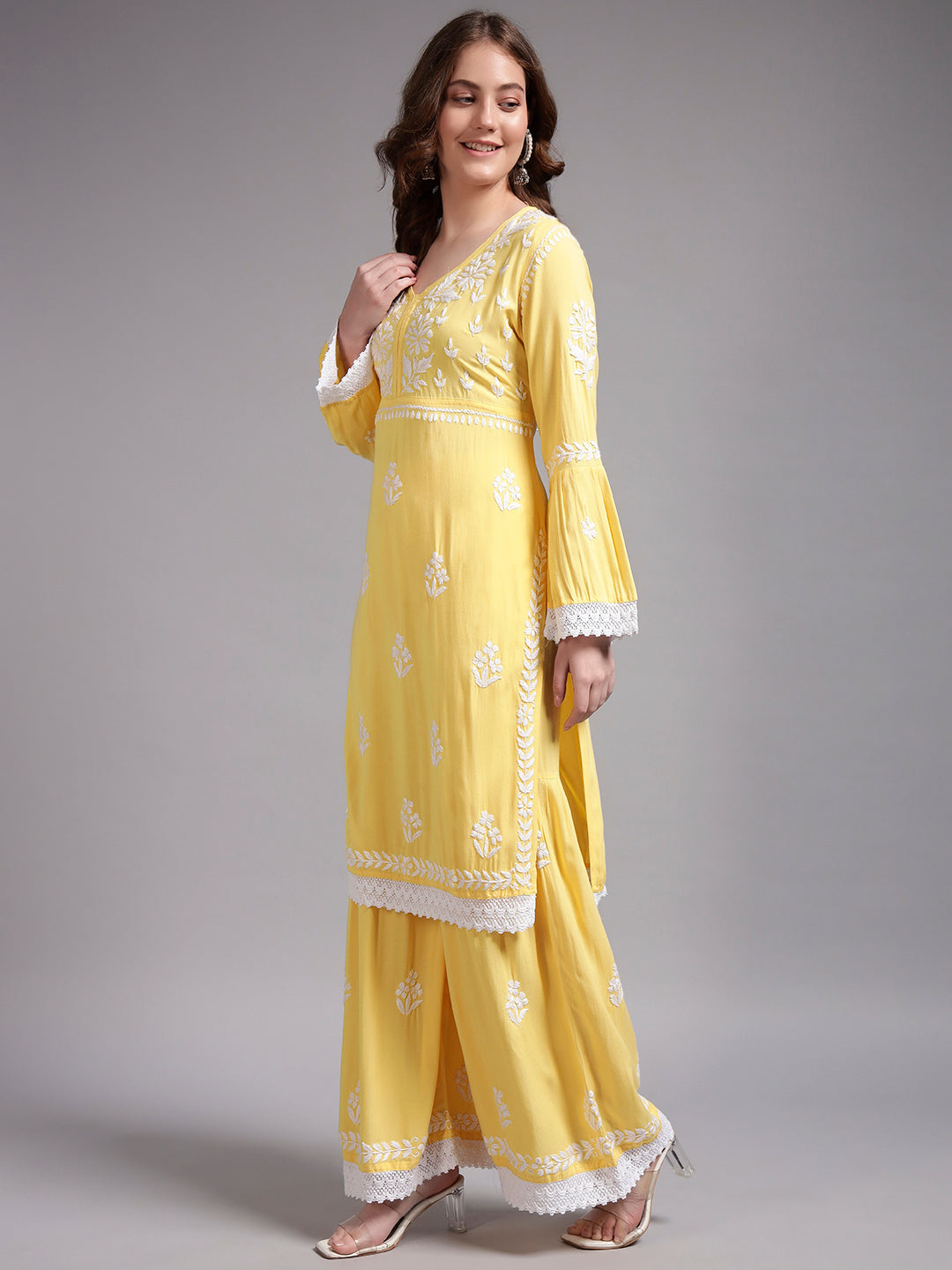 Women Hand Embroidered Lucknowi Chikankari Rayon Kurta Set-AL4077KS Yellow