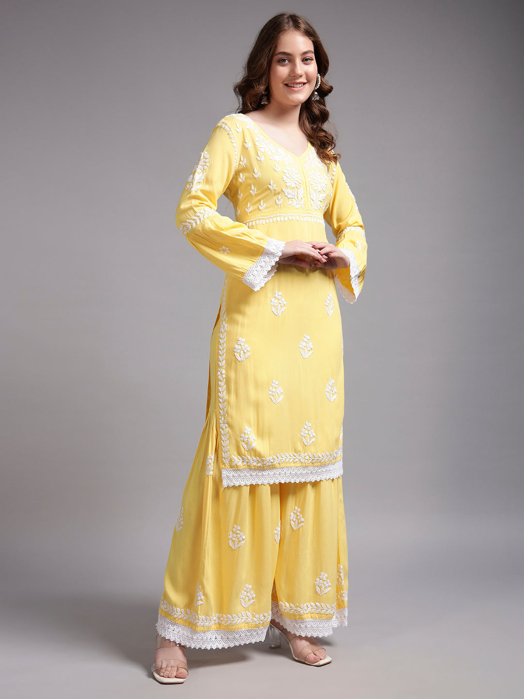 Women Hand Embroidered Lucknowi Chikankari Rayon Kurta Set-AL4077KS Yellow