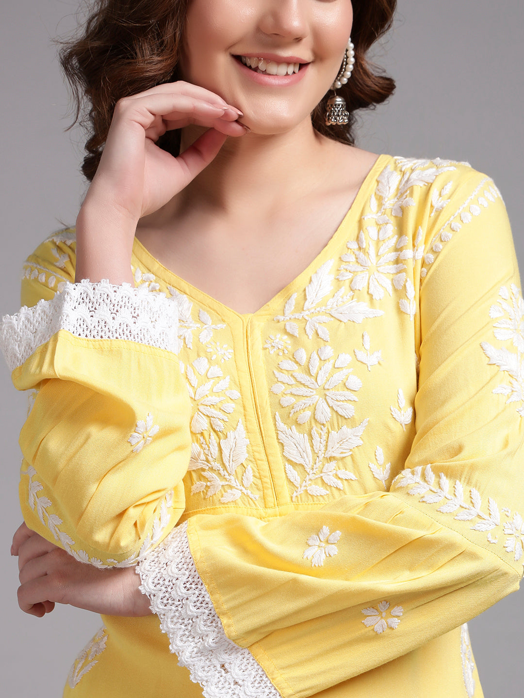 Women Hand Embroidered Lucknowi Chikankari Rayon Kurta Set-AL4077KS Yellow