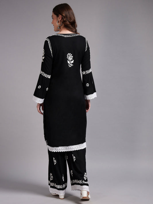 Women Hand Embroidered Lucknowi Chikankari Rayon Kurta Set-AL4077KS Black