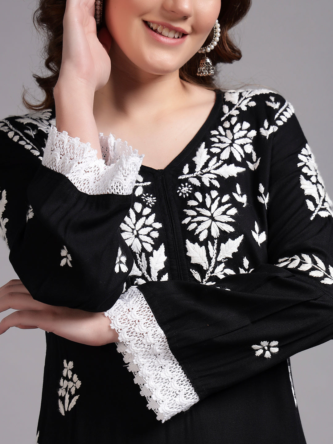 Women Hand Embroidered Lucknowi Chikankari Rayon Kurta Set-AL4077KS Black