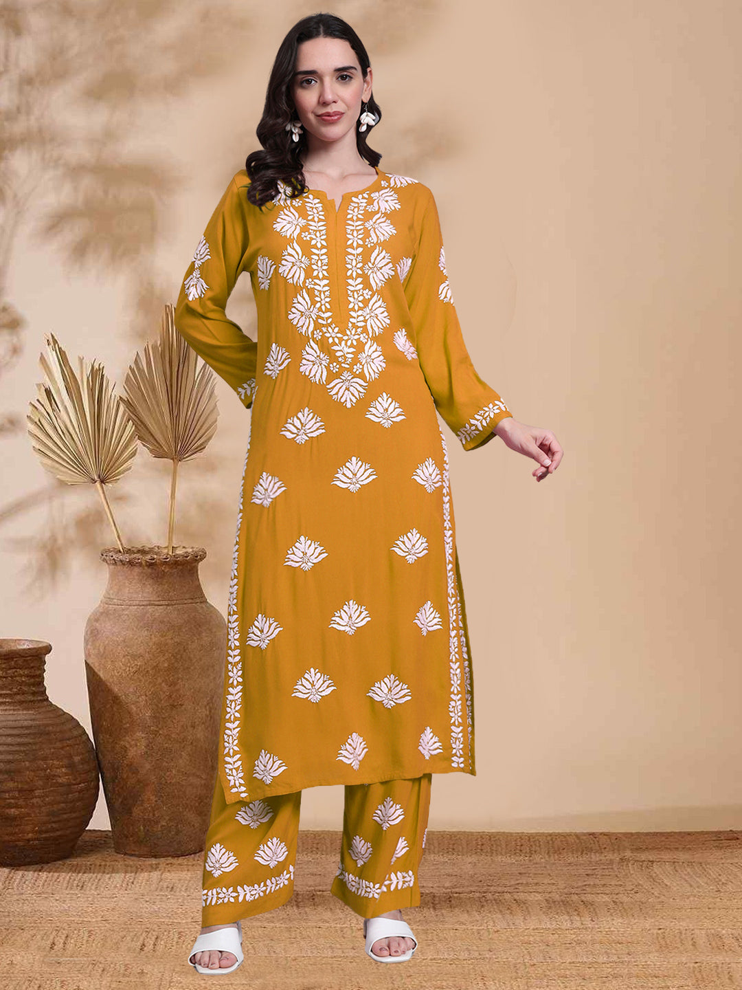 Women Hand Embroidered Chikankari Rayon Kurta Set-AL4084KS Mustard Yellow