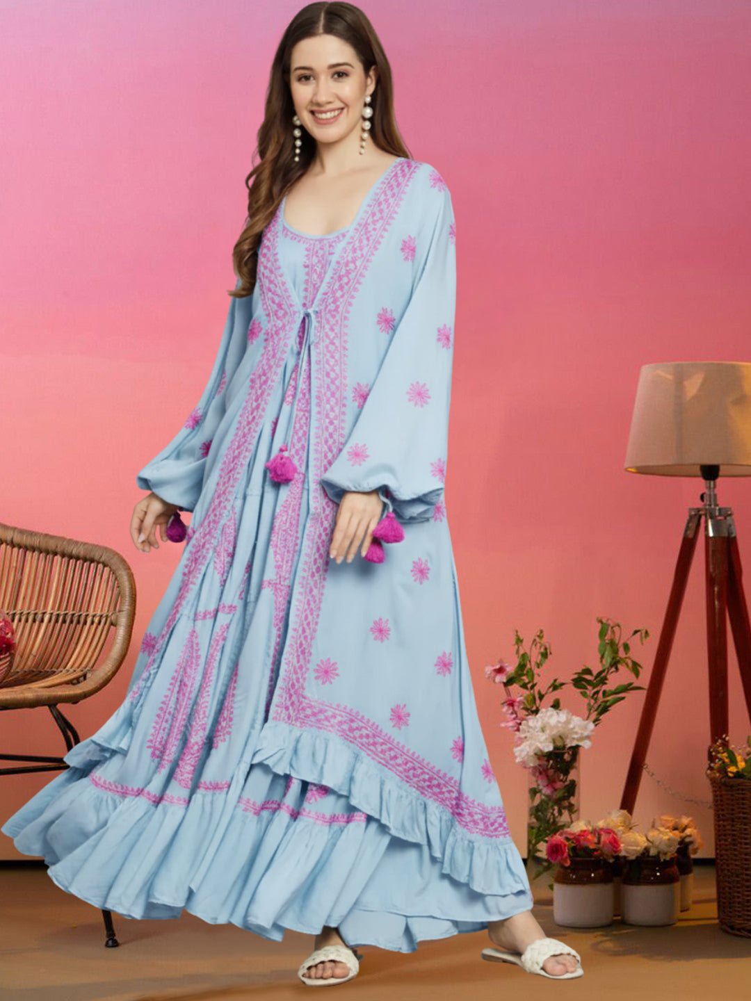 Hand Embroidered Chikankari Modal Kaftan-AL3605C