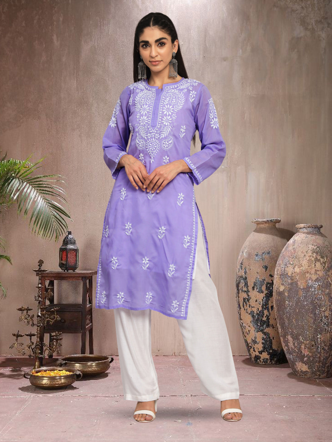 Hand Embroidered Chikankari Cotton Straight Kurta- AL3561 Mauve