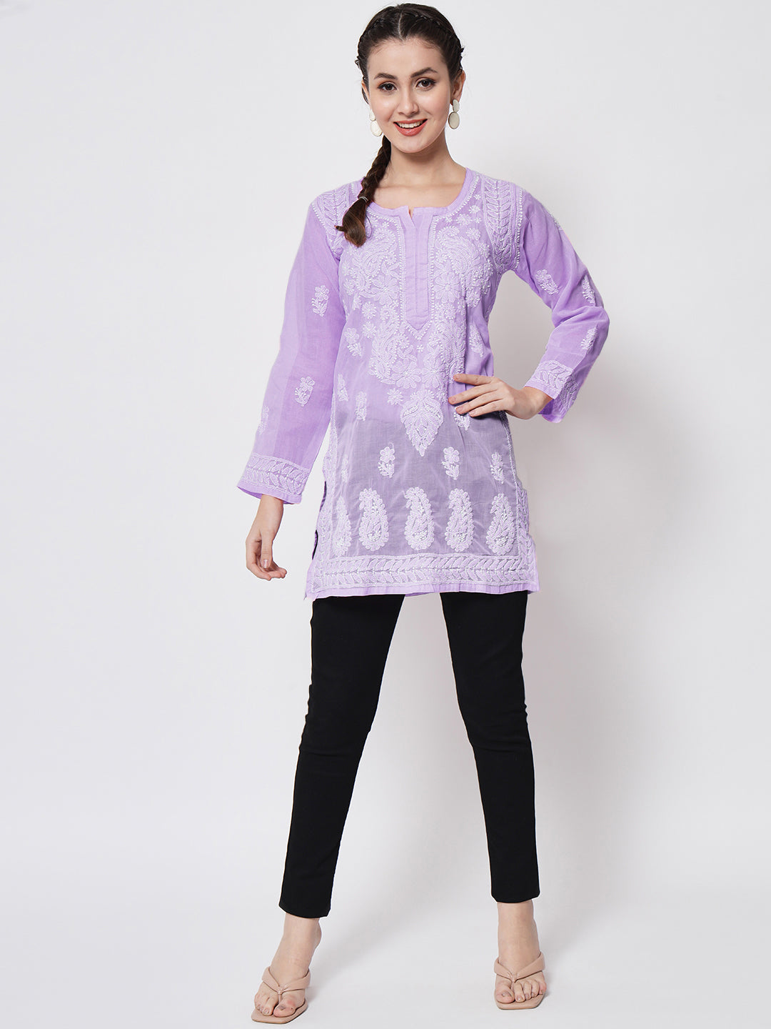 Hand Embroidered Chikankari Cotton Straight Kurti-AL3595 Purple