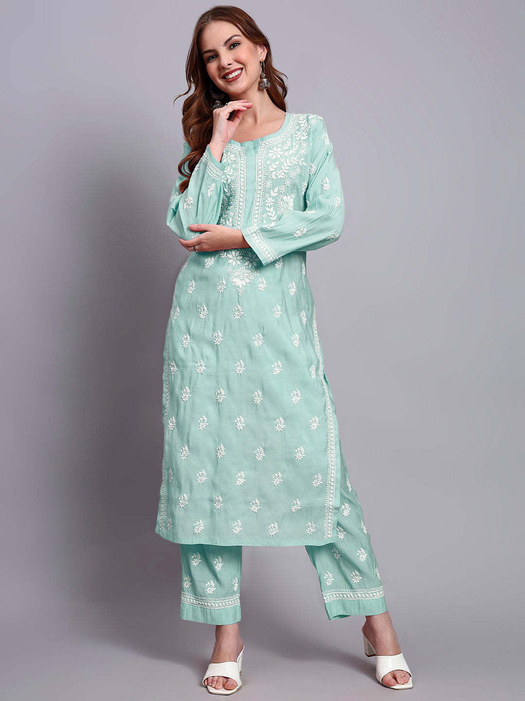 Women Hand Embroidered Chikankari Chanderi Kurta Set-AL4089KS Sea Green