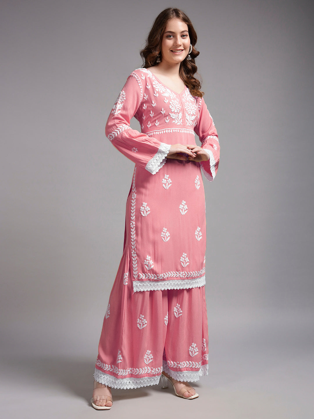 Women Hand Embroidered Lucknowi Chikankari Rayon Kurta Set-AL4077KS Rust