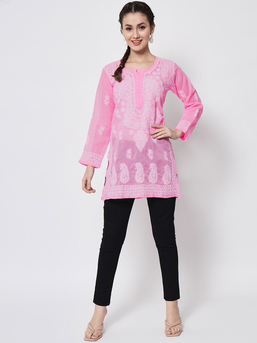 Hand Embroidered Chikankari Cotton Straight Kurti-AL3595 Darkpink