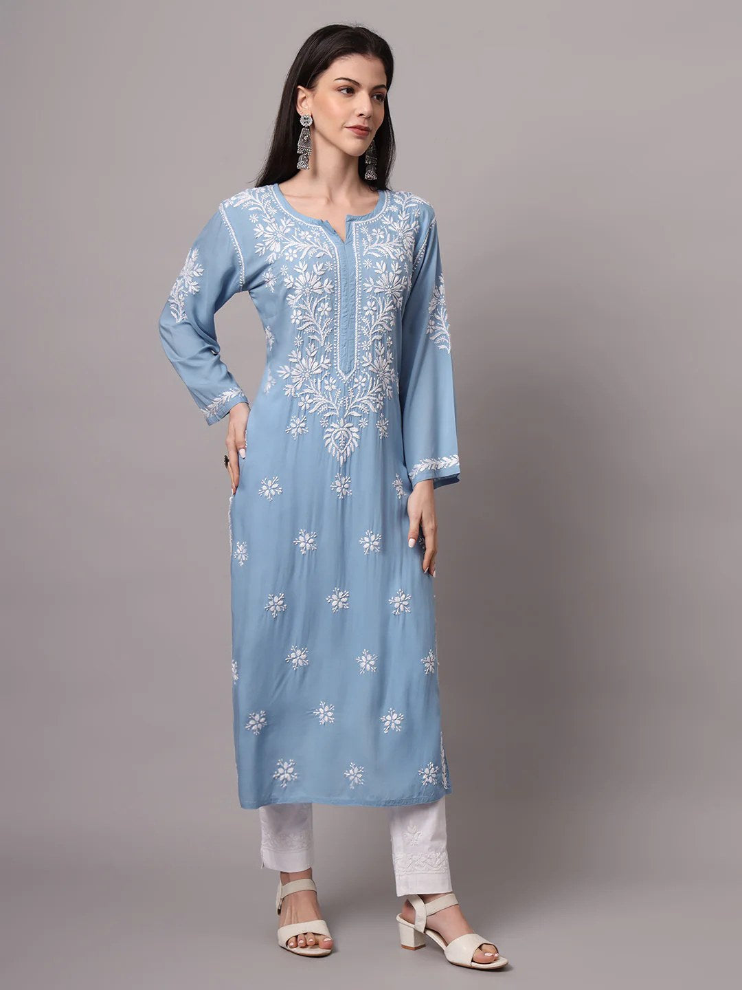 Women Hand Embroidered Chikankari Modal Kurta-AL4059 Denim