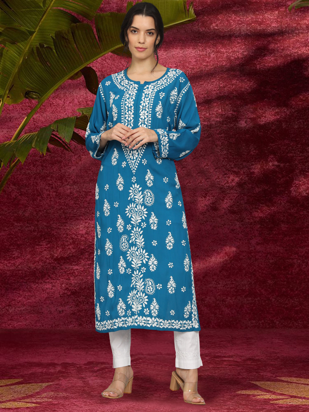Women Chikankari Hand Embroidered Modal Kurta -AL4042 Teal