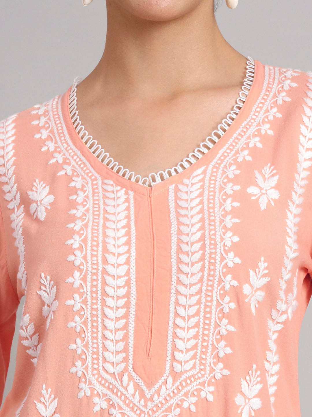 Women Hand Embroidered Lucknowi Chikankari Rayon Kurta Set-AL4078KS Peach