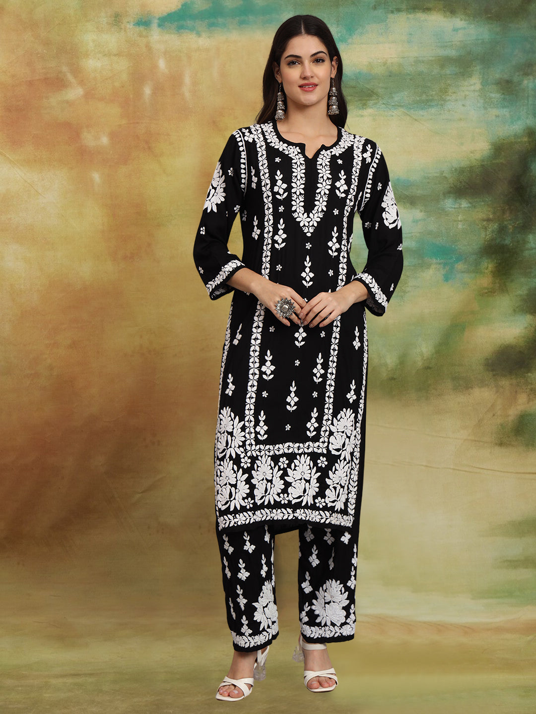 Women Hand Embroidered Chikankari Modal Kurta set-AL4049KS Peach