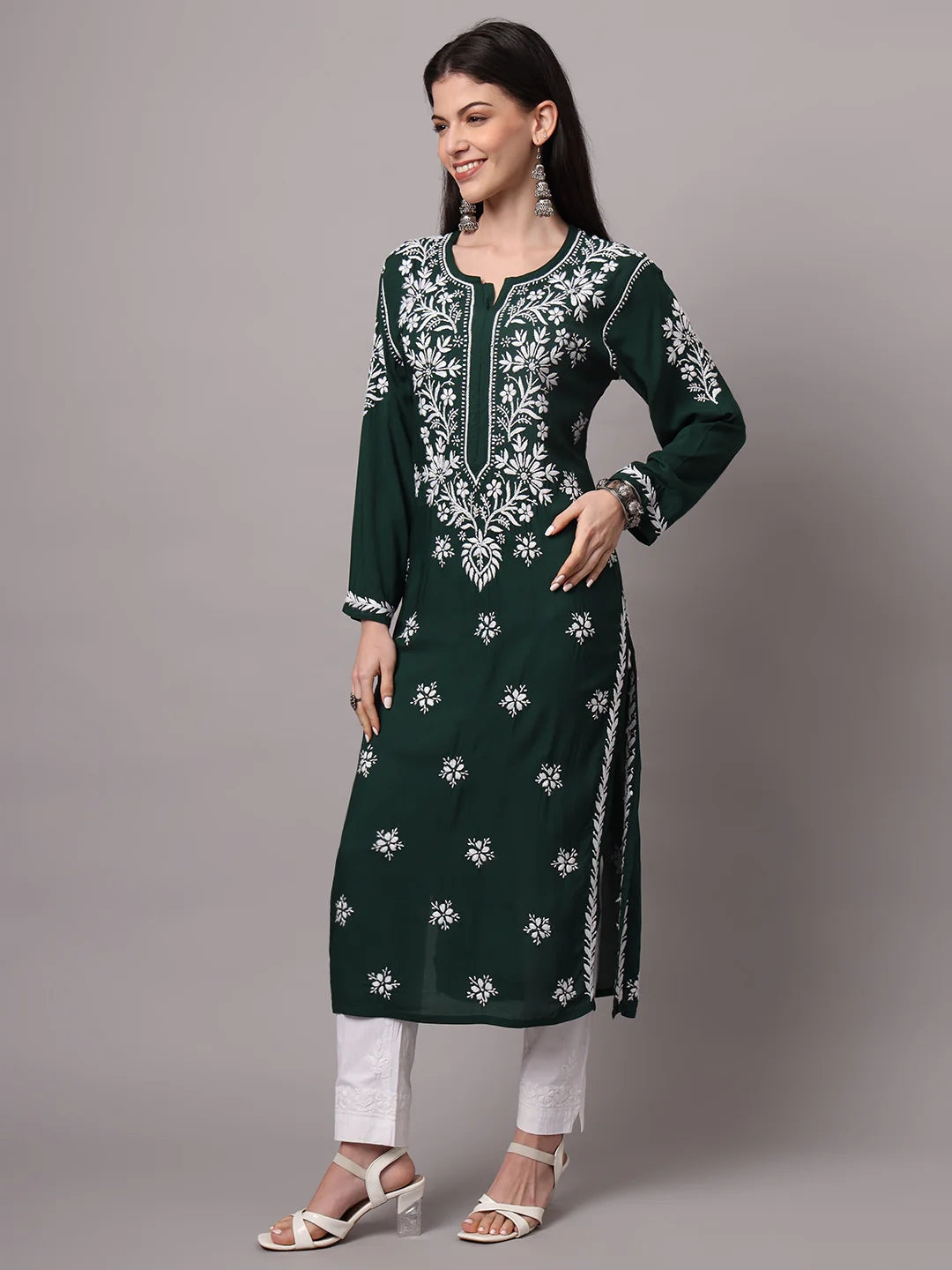 Women Hand Embroidered Modal Chikankari Kurta-AL4059 Darkgreen