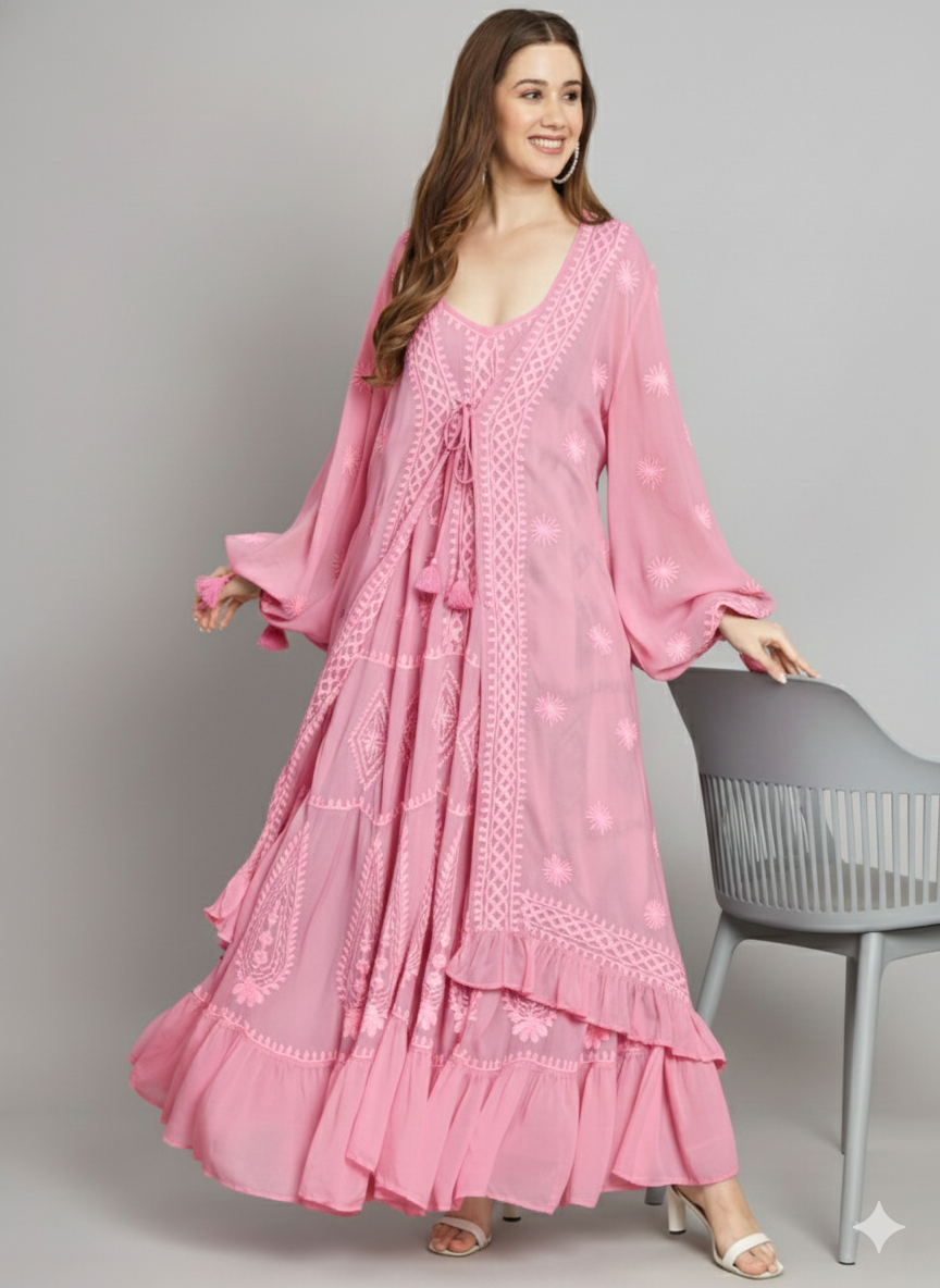 Hand Embroidered Chikankari Modal Kaftan-AL3605C