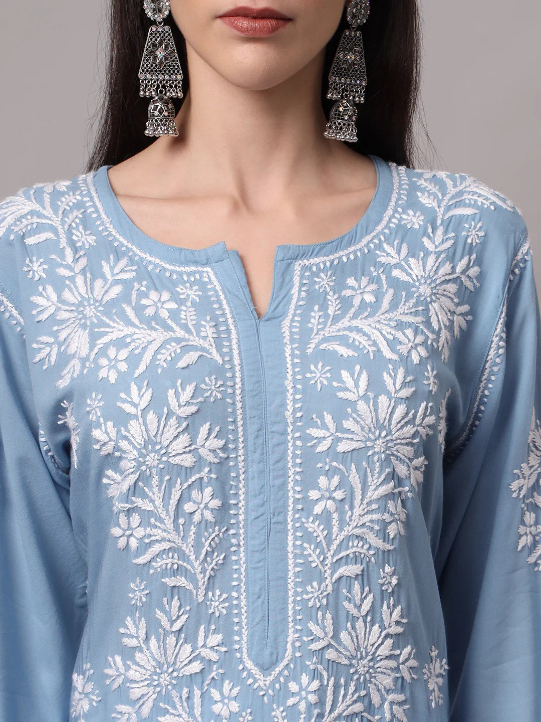 Women Hand Embroidered Chikankari Modal Kurta-AL4059 Denim