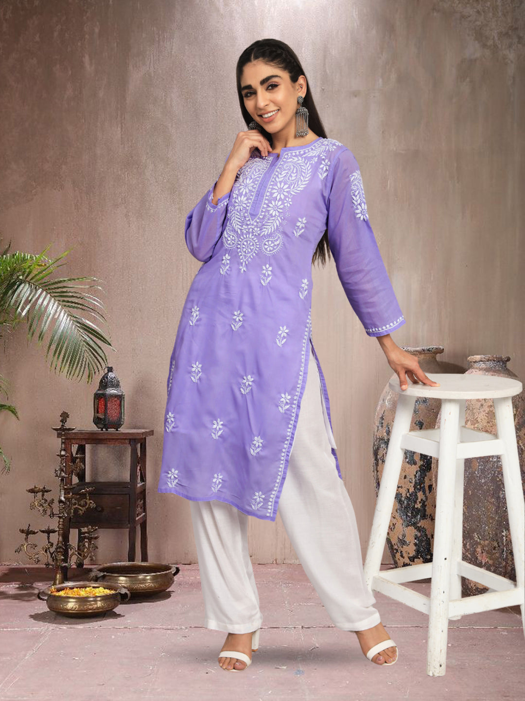Hand Embroidered Chikankari Cotton Straight Kurta- AL3561 Mauve