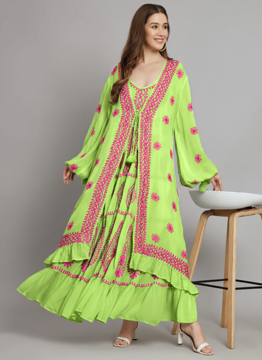 Hand Embroidered Chikankari Modal Kaftan-AL3605C
