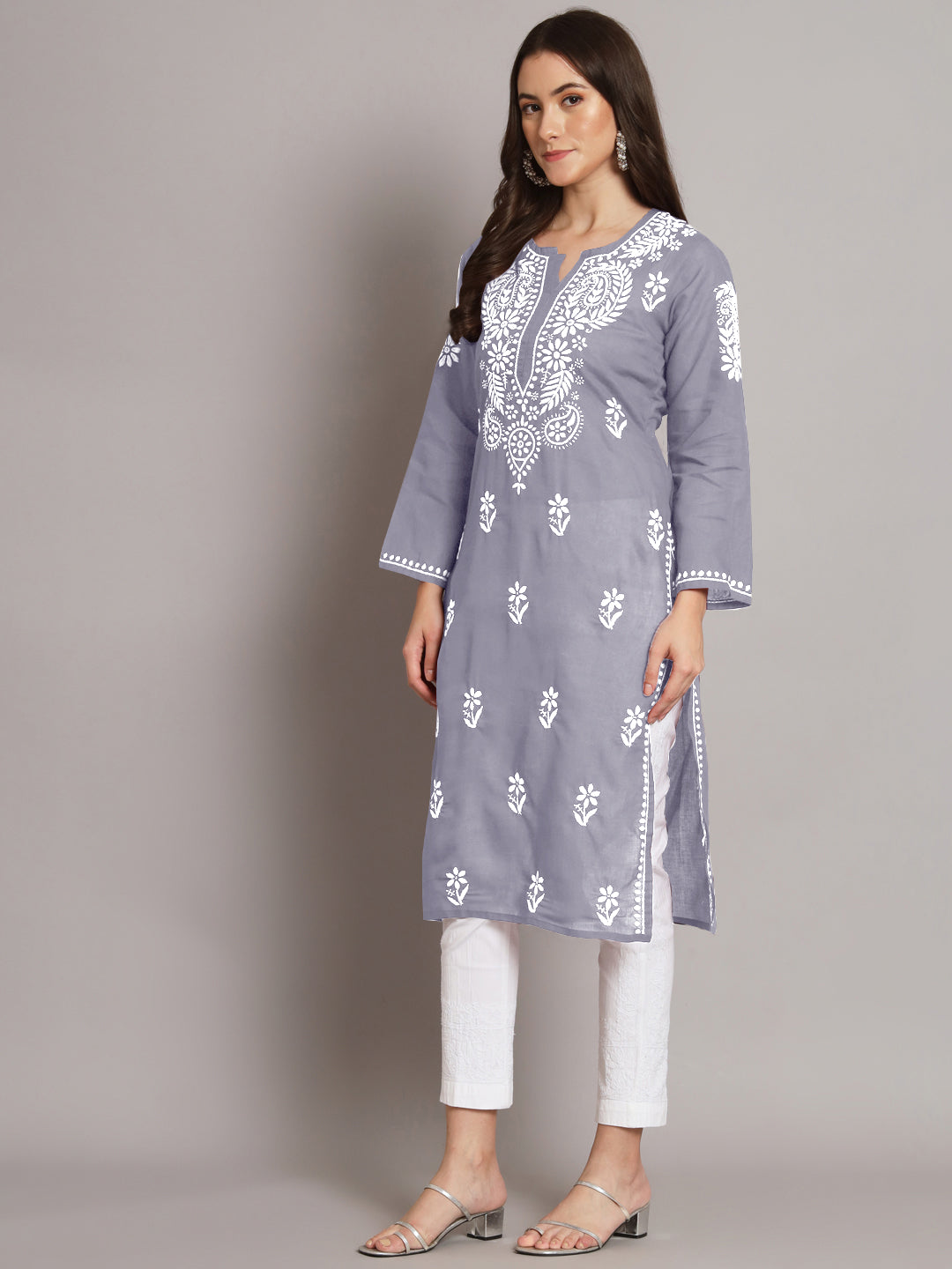 Hand Embroidered Chikankari Cotton Straight Kurta- AL3561 Grey